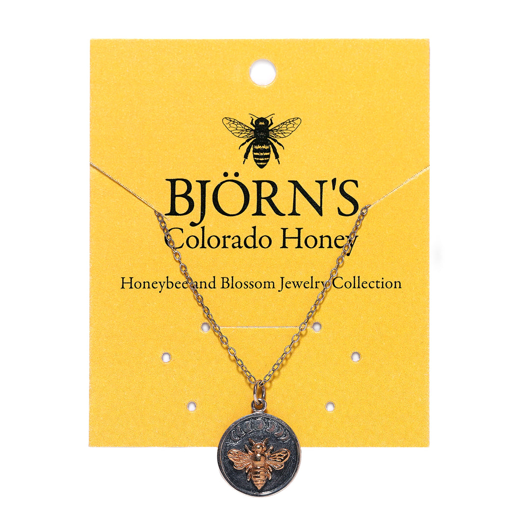 Necklace - Silver Moon Phase Charm with Bronze Bee - Silver Chain