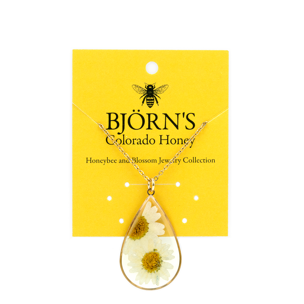 Necklace - Pressed Flower Teardrop - Gold Chain